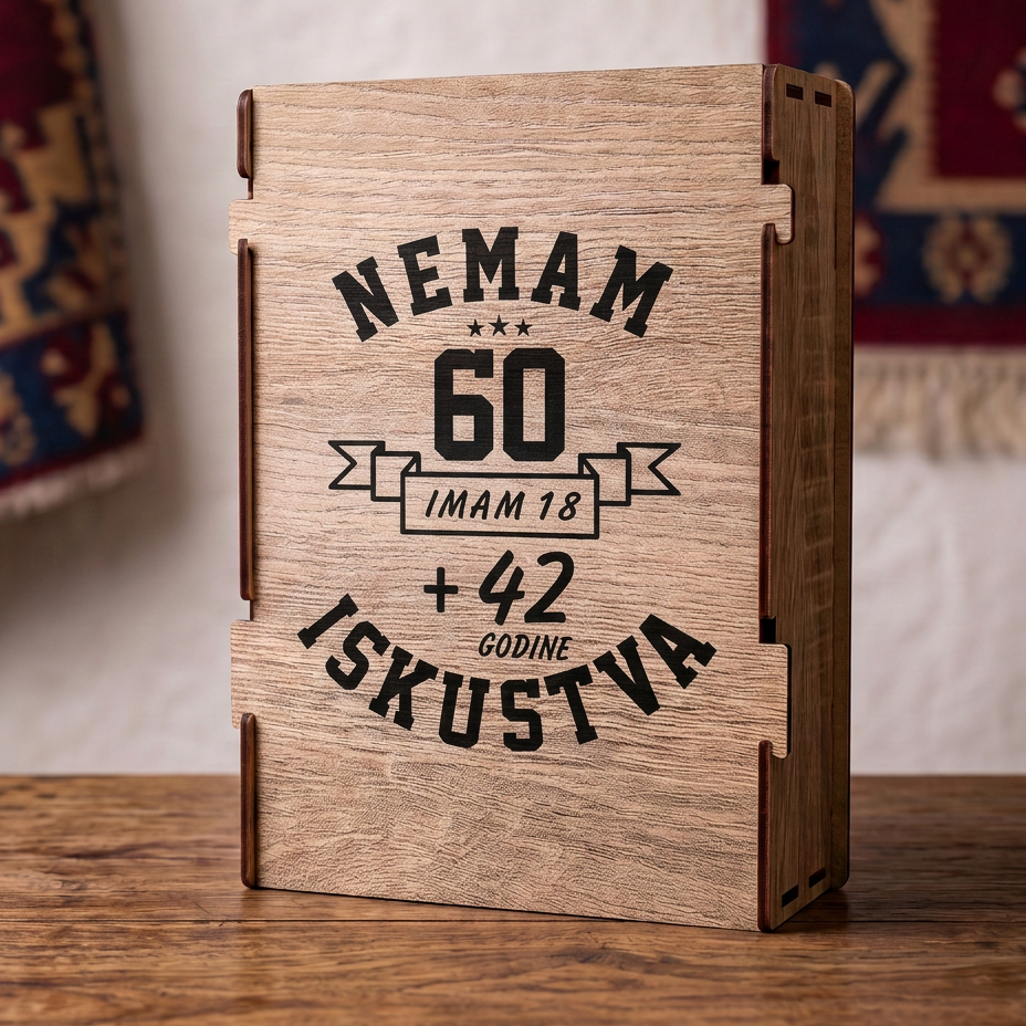 Gravura Nemam 60 imam 18 plus 42 godine iskustva na drvenoj kutiji iz seta