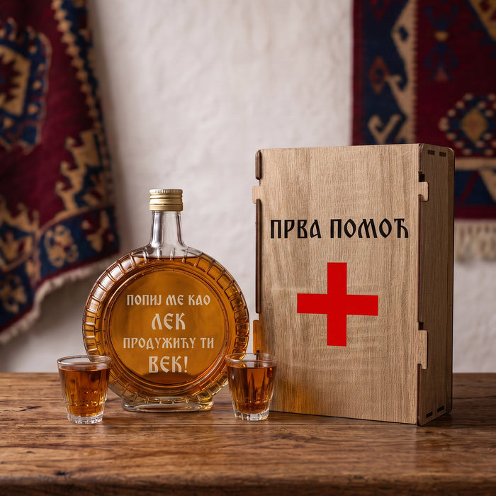 Poklon set Prva pomoć, sa 2 čašice (rakija nije uključena)