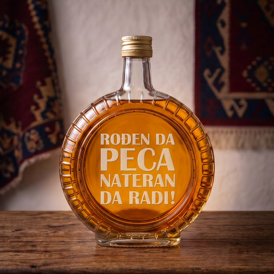 Gravura Rodjen da peca nateran da radi na staklenoj flasi iz poklon seta