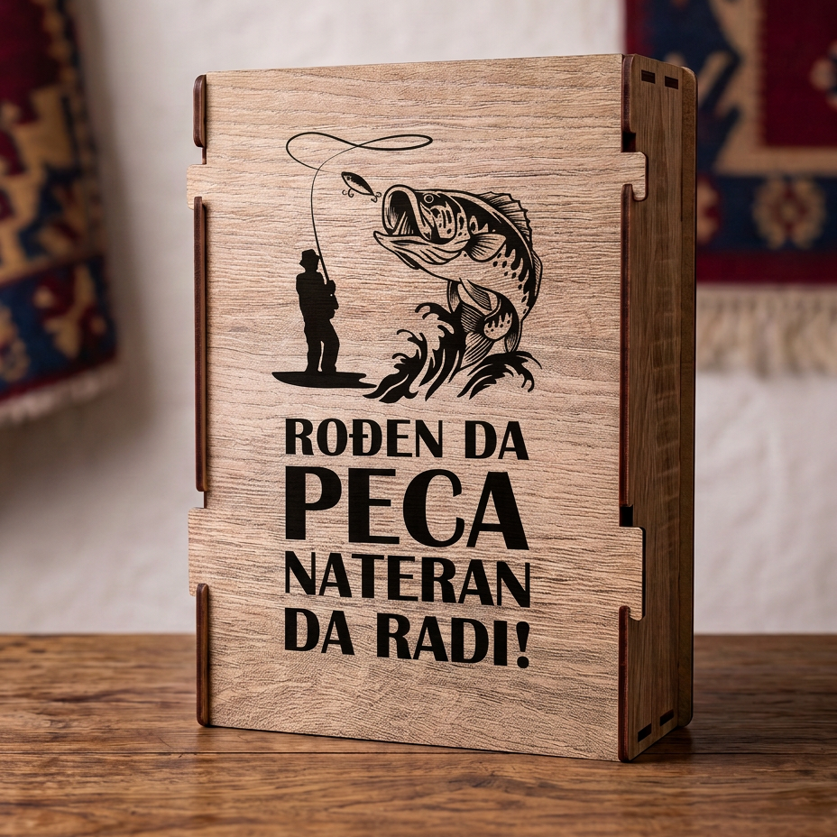 Gravura Rodjen da peca nateran da radi sa ribom na drvenoj kutiji iz seta