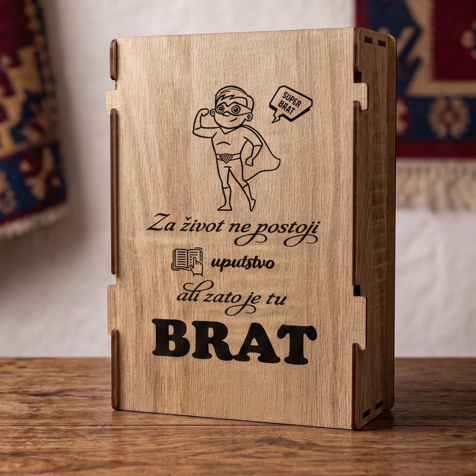 Gravura Za zivot ne postoji uputstvo ali zato je tu brat na drvenoj kutiji