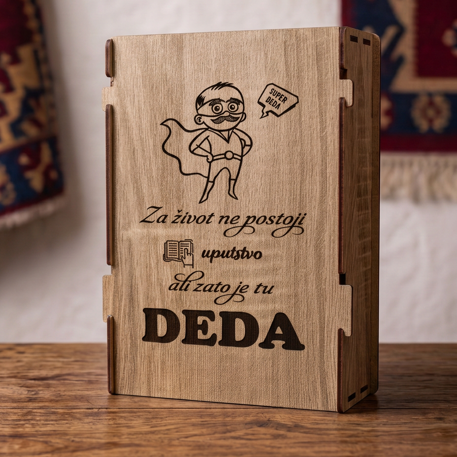Gravura Za zivot ne postoji uputstvo ali zato je tu deda na drvenoj kutiji