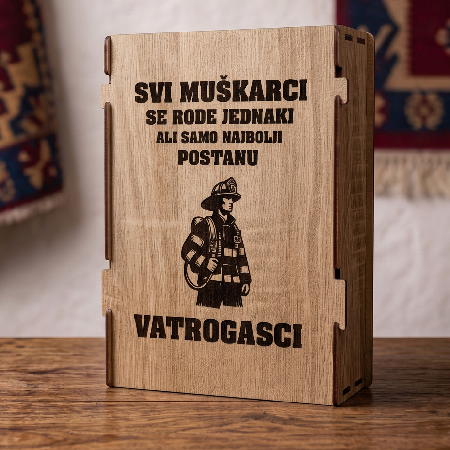 Gravura Samo najbolji postanu vatrogasci sa vatrogascem na drvenoj kutiji
