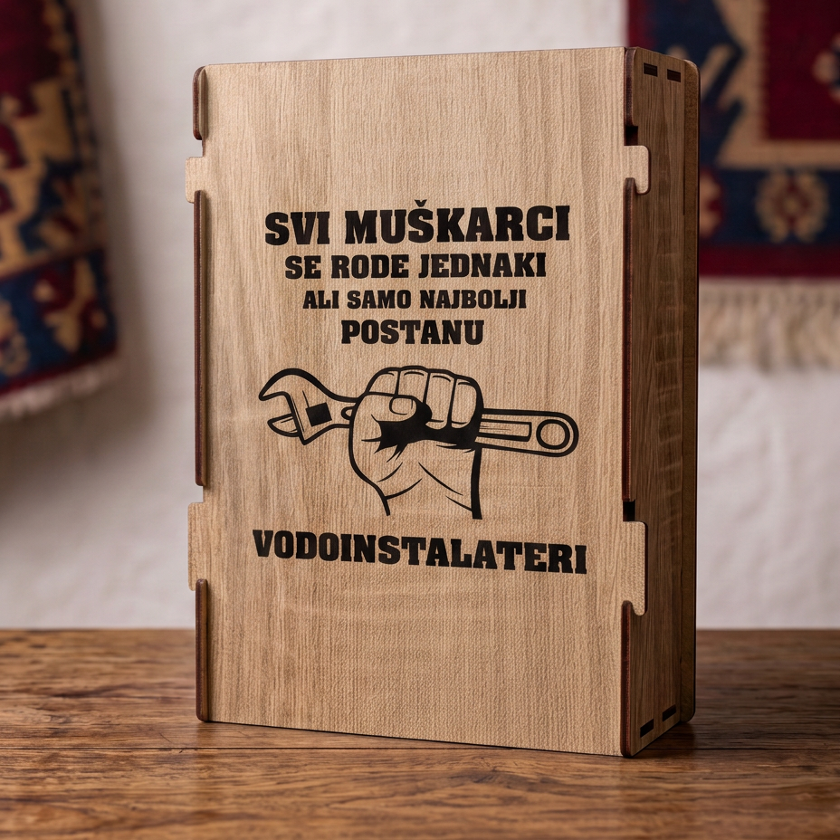 Gravura Samo najbolji postanu vodoinstalateri sa kljucem na drvenoj kutiji