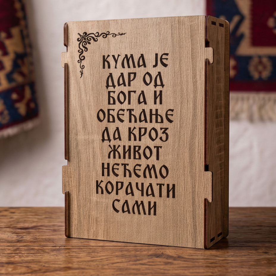 Gravura Kuma je dar od Boga i obecanje na drvenoj kutiji iz poklon seta za kumu