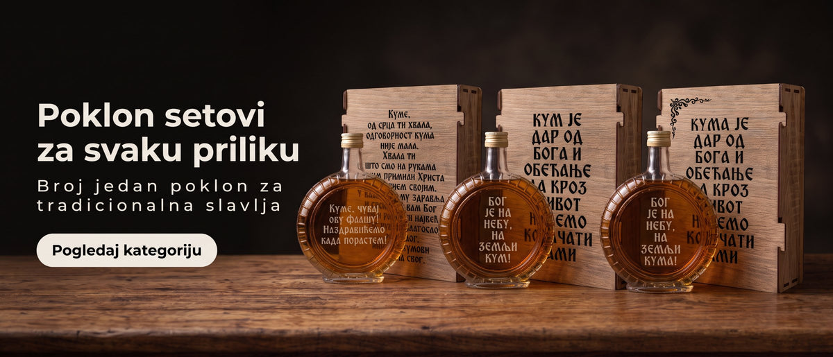 Poklon setovi OIMANO, ručno rađene drvene kutije sa gravurom i flaše za rakiju