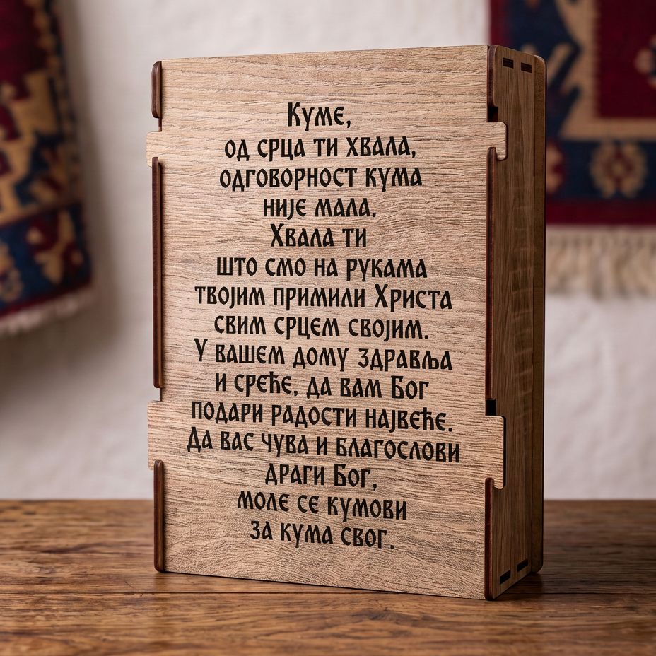 Gravura Kume od srca ti hvala odgovornost kuma nije mala na drvenoj kutiji