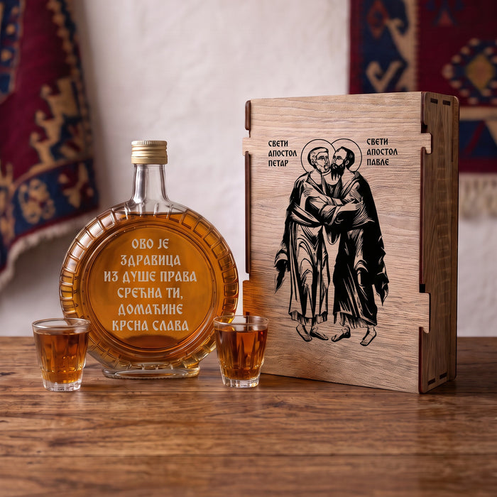 Slavski poklon set Sveti apostoli Petar i Pavle - Petrovdan, sa 2 čašice (rakija nije uključena)