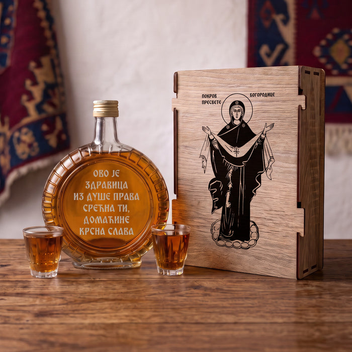 Slavski poklon set Pokrov Presvete Bogorodice, sa 2 čašice (rakija nije uključena)