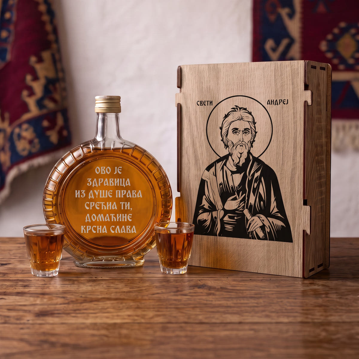 Slavski poklon set Sveti apostol Andrej, drvena kutija sa ikonom, gravirana flaša i dve čašice