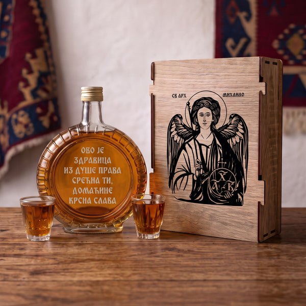 Slavski poklon set Sveti Arhangel Mihailo - Aranđelovdan, sa 2 čašice (rakija nije uključena)