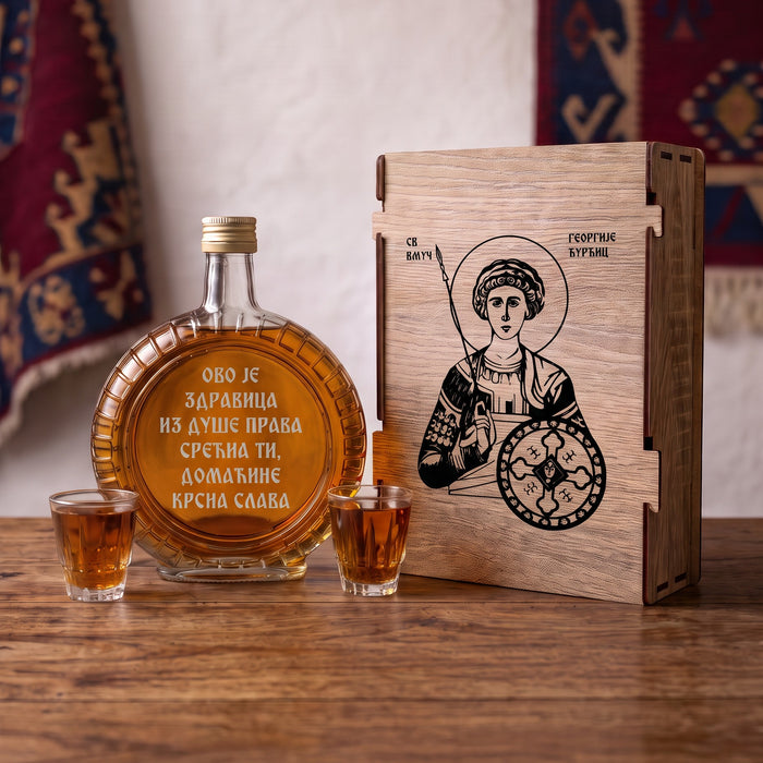 Slavski poklon set Sveti Georgije - Đurđic, sa 2 čašice (rakija nije uključena)