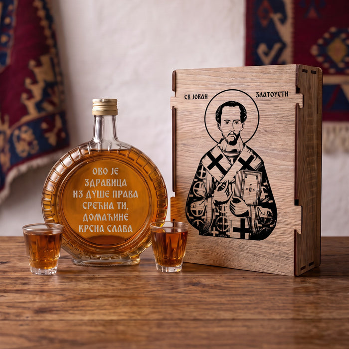 Slavski poklon set Sveti Jovan Zlatousti, sa 2 čašice (rakija nije uključena)