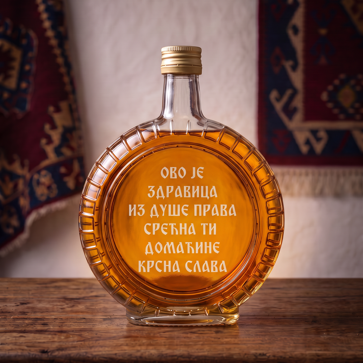 Gravura slavske zdravice Srecna ti domacine krsna slava na staklenoj flasi