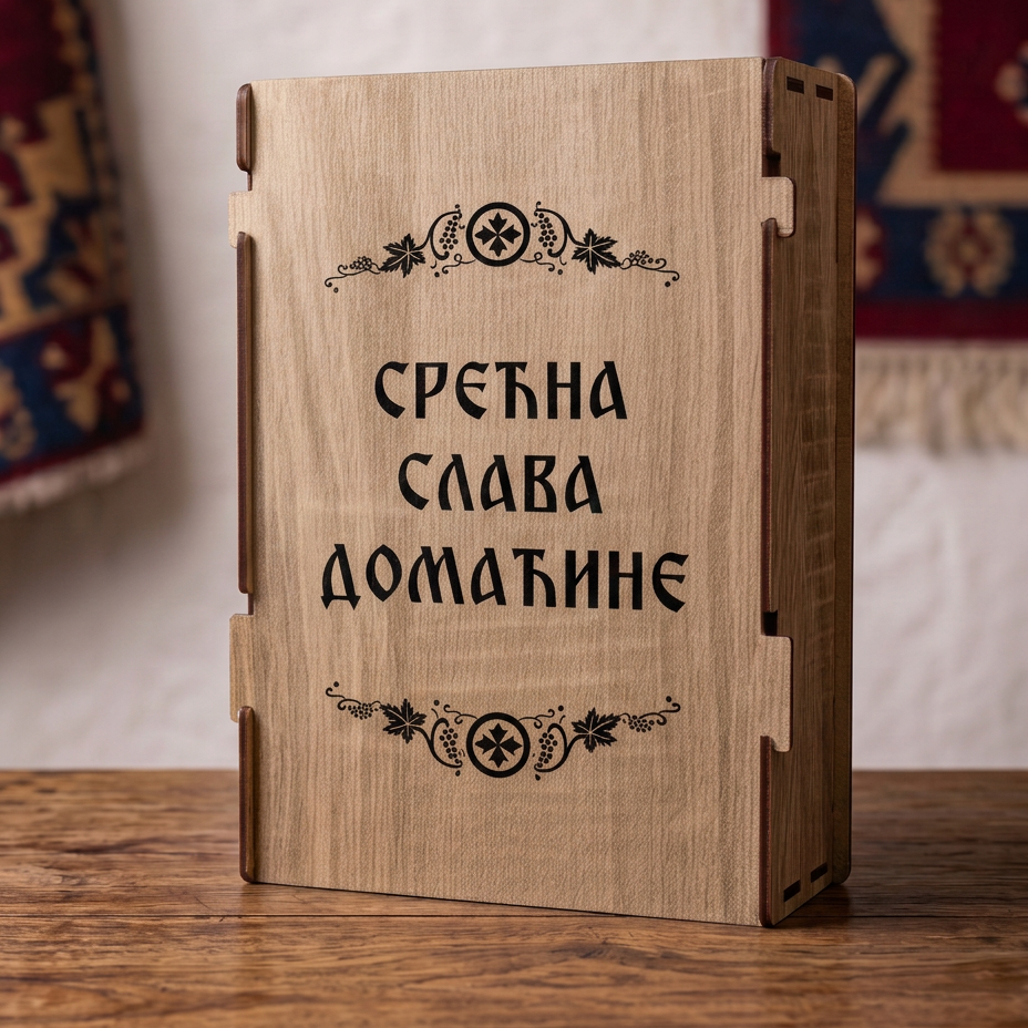 Gravura Srecna slava domacine sa slavskim ornamentom na drvenoj kutiji
